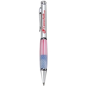 Ambassador - Twist Action Brass Ballpoint Pen With Satin Chrome Finish. Us Flag Image On Grip