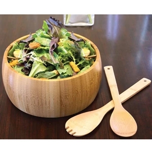 Gourmet Bamboo 3 Piece Salad Bowl Set. 9" Diameter Bowl. 2 Bamboo Utensils