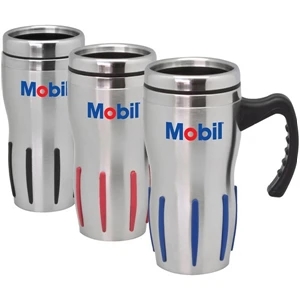 Perris - 16 Oz Double Wall Stainless Steel Travel Mug. Ribbed Rubber Design