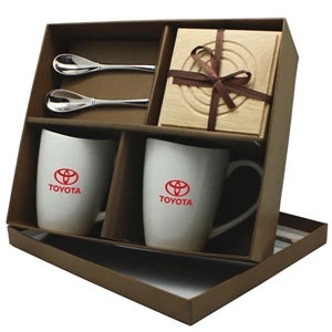 Barista - 6 Piece Coffee Set. Two 8 Oz Mugs, 2 Wooden Coasters, 2 Spoons In Kraft Gift Box