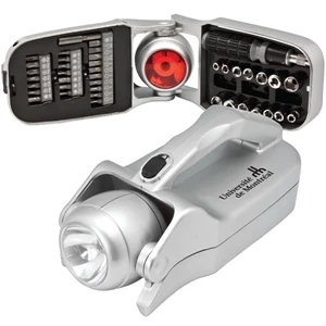 Emergency Tool Kit Features Swivel Head Flashlight And Flashing Red Blinkers