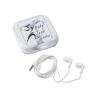 Upbeat - Silkscreen - Ear Buds With 3.5 Mm Stereo Audio Jack, Padded Ear Pieces, And Plastic Storage Box
