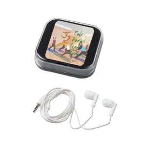 Upbeat - Four Color Process - Ear Buds With 3.5 Mm Stereo Audio Jack, Padded Ear Pieces, And Plastic Storage Box