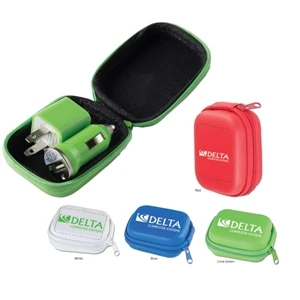 Soft Vinyl Case With A 2-prong Usb Wall Adapter And A Usb Car Plug-in Adapter