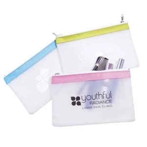 The Pearl Tote - Pearl White Vinyl Cosmetic Bag Accented With Designer Pastel Nylon Band