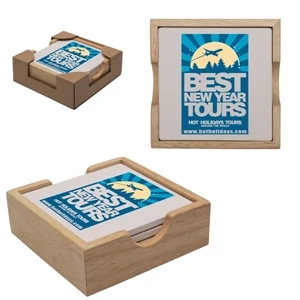Square Coaster Set Includes 4 Coasters With Cork Backing And Natural Wood Holder