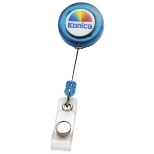 N-dome (tm) - Translucent Teal - Badge With A Standard Bulldog Clip And 32" Retractable Cord. 1 1/4" X 3 1/4"