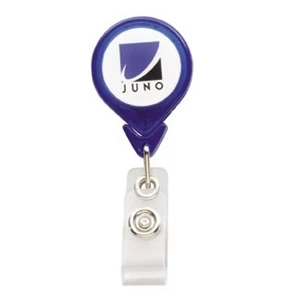 N-dome (tm) - Translucent Blue - Tear Drop Shape Badge Holder With Bulldog Clip And Retracting Cord. 1 1/4" X 3 1/4"