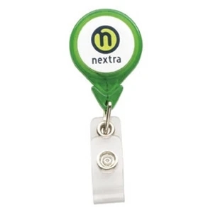 N-dome (tm) - Translucent Green - Tear Drop Shape Badge Holder With Bulldog Clip And Retracting Cord. 1 1/4" X 3 1/4"