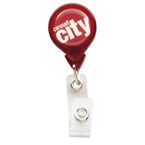 N-dome (tm) - Translucent Red - Tear Drop Shape Badge Holder With Bulldog Clip And Retracting Cord. 1 1/4" X 3 1/4"