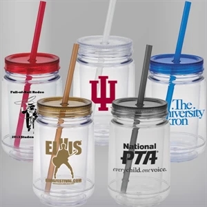 16 Oz Double Wall San Plastic Clear Mason Jar With Colored Lid And Straw
