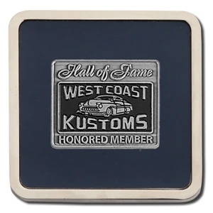 Metal Coaster With Square Shape Has Black Imitation Leather Inner Area