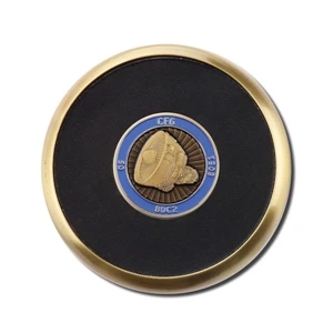 Metal Coaster With Circular Shape Has Black Imitation Leather Inner Area