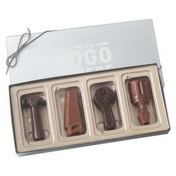 Four tool shapes molded chocolates in gift box