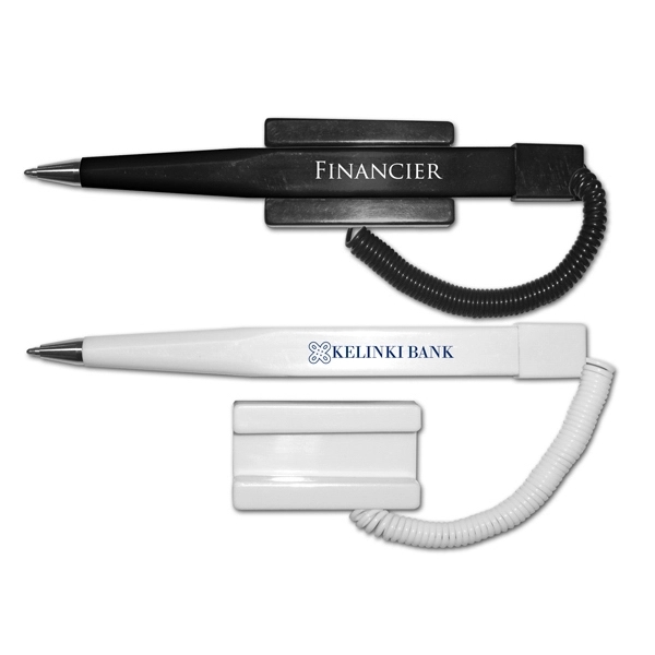 Financier Ball Point Pen with Coil Cord & Stick on Base - Financier Ball Point Pen with Coil Cord & Stick on Base - Image 0 of 2