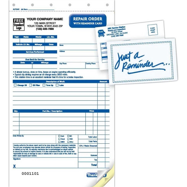Repair Order with Reminder Card, Carbonless - Repair Order with Reminder Card, Carbonless - Image 1 of 1