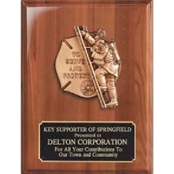 Walnut Piano Finish Plaque With Fireman Casting And Plate - Walnut Piano Finish Plaque With Fireman Casting And Plate - Image 0 of 0