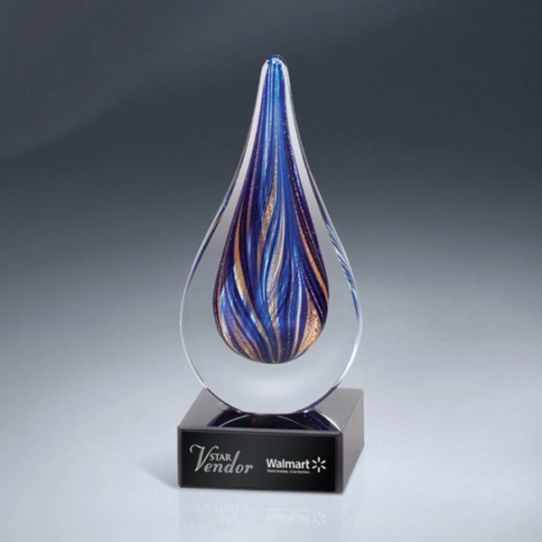 Blue and Gold Art Glass Drop Award on Black Base