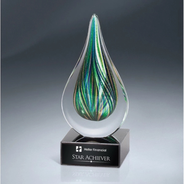 Green and Gold Art Glass Drop Award on Black Base