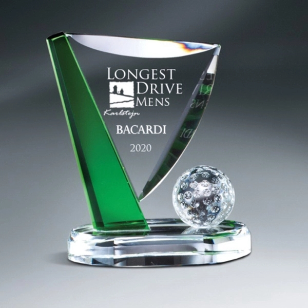 Crystal Golf Ball Award w Green Accented Pin on Clear Base