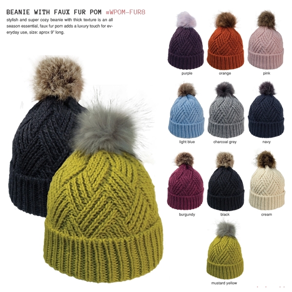 Cross Hatch Beanie with Faux Fur Pom - Cross Hatch Beanie with Faux Fur Pom - Image 0 of 10