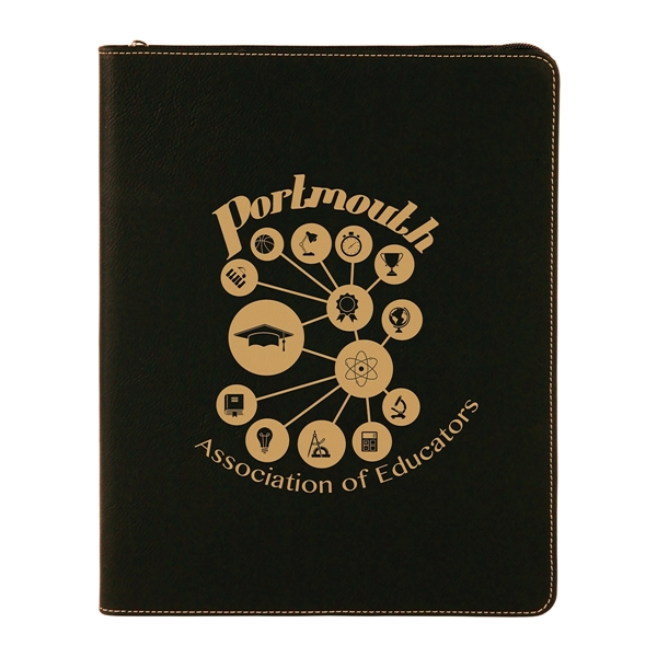 9 1/2" x 12" Leatherette Black/Gold Portfolio with Zipper - 9 1/2" x 12" Leatherette Black/Gold Portfolio with Zipper - Image 0 of 6