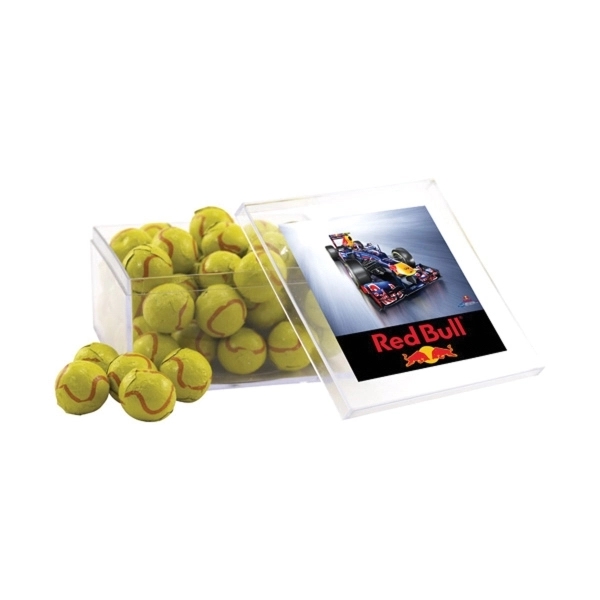 Chocolate Tennis Balls in a Clear Acrylic Large Box