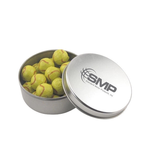 Large Round Metal Tin with Lid and Chocolate Tennis Balls