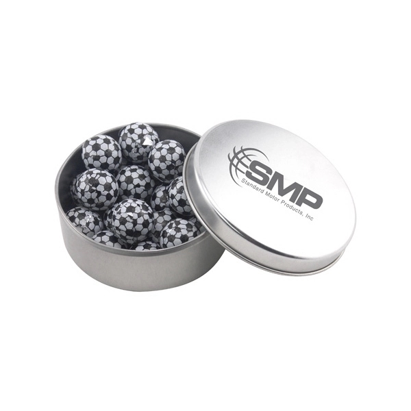 Large Round Metal Tin with Lid and Chocolate Soccer Balls