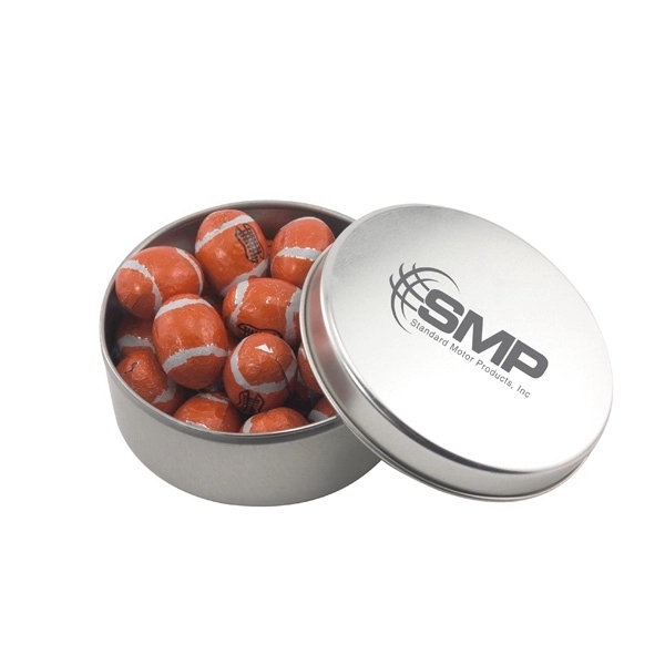 Large Round Metal Tin with Lid and Chocolate Footballs