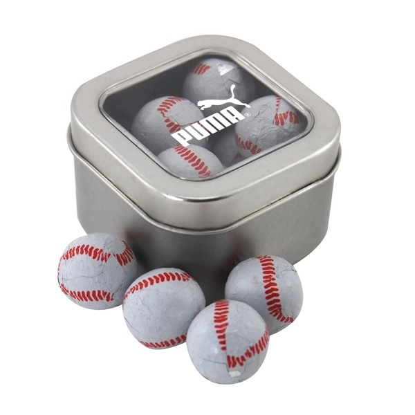 Tin with Window Lid and Chocolate Baseballs