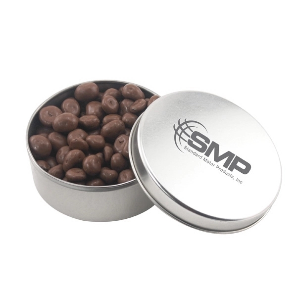 Large Round Metal Tin with Lid and Chocolate Covered Raisins