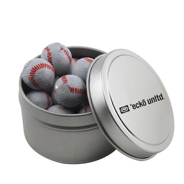 Round Metal Tin with Lid and Chocolate Baseballs
