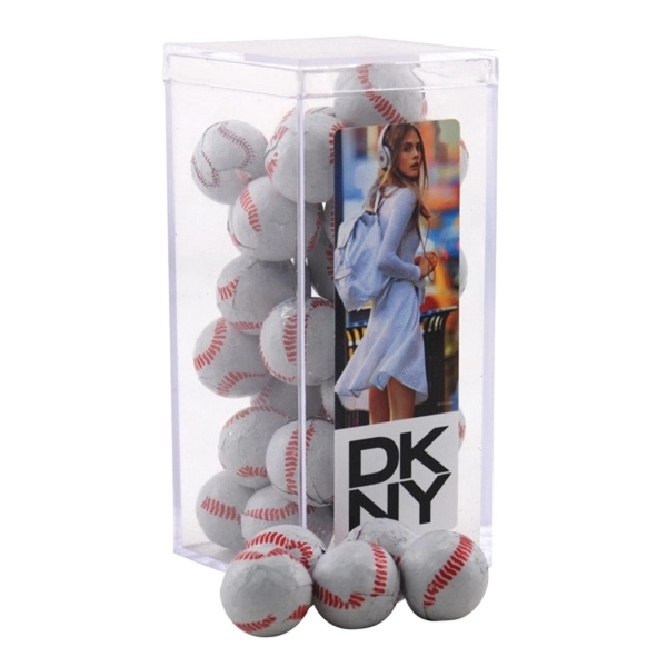 Chocolate Baseballs in a Clear Acrylic Square Tall Box