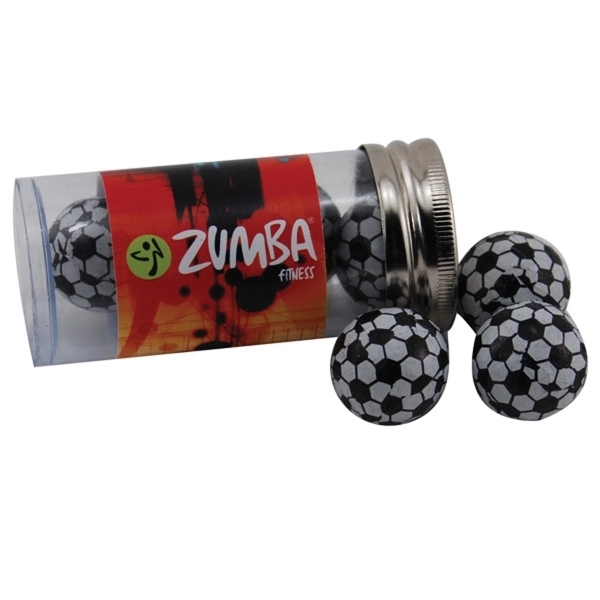 Chocolate Soccer Balls in a 3 " Plastic Tube with Metal Cap
