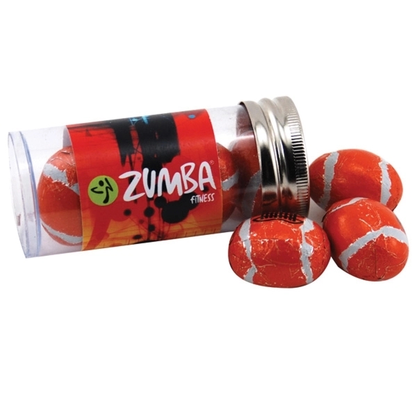 Chocolate Footballs in a 3 " Plastic Tube with Metal Cap