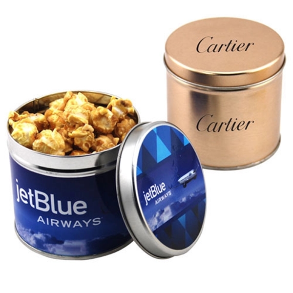 Custom Caramel Popcorn in a 3.5" Round Metal Tin with Lid