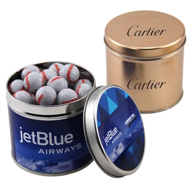 Chocolate Baseballs in a 3.5" Round Metal Tin with Lid