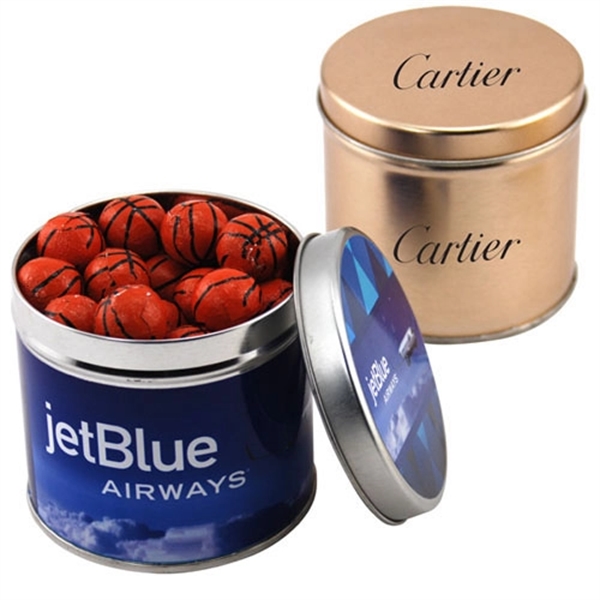 Chocolate Basketballs in 3.5" Round Metal Tin with Lid