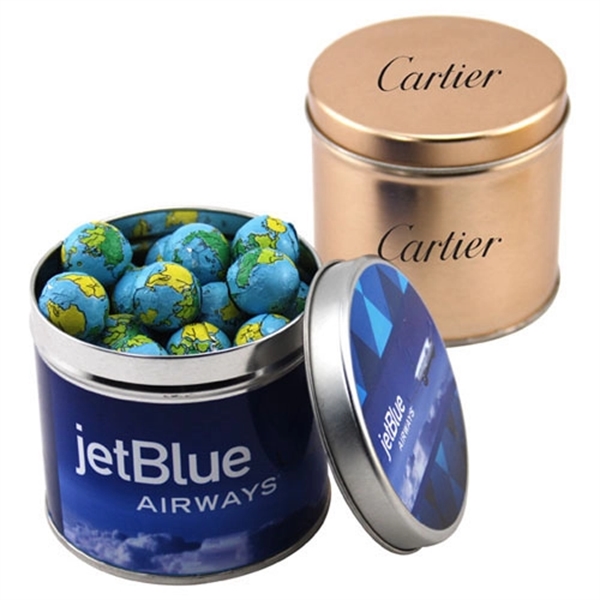 Chocolate Earth Balls in 3.5" Round Metal Tin with Lid