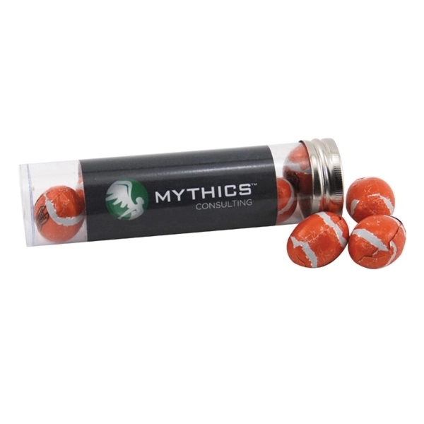 Chocolate Footballs in a 5 " Plastic Tube with Metal Cap