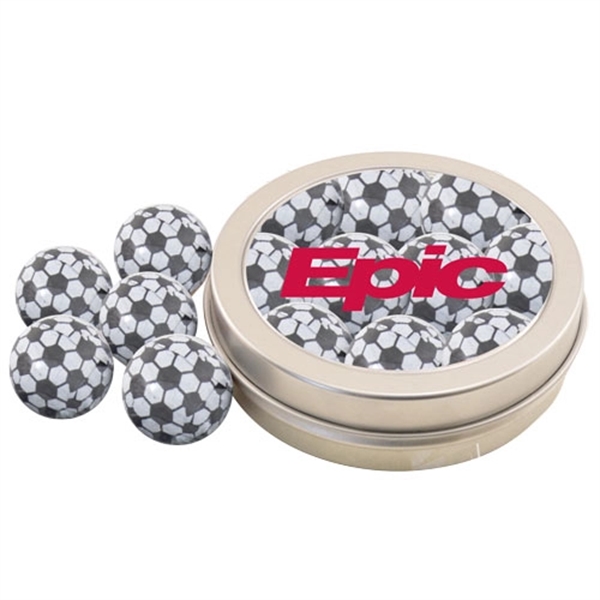 Round Metal Tin with Lid and Chocolate Soccer Balls Plum Grove