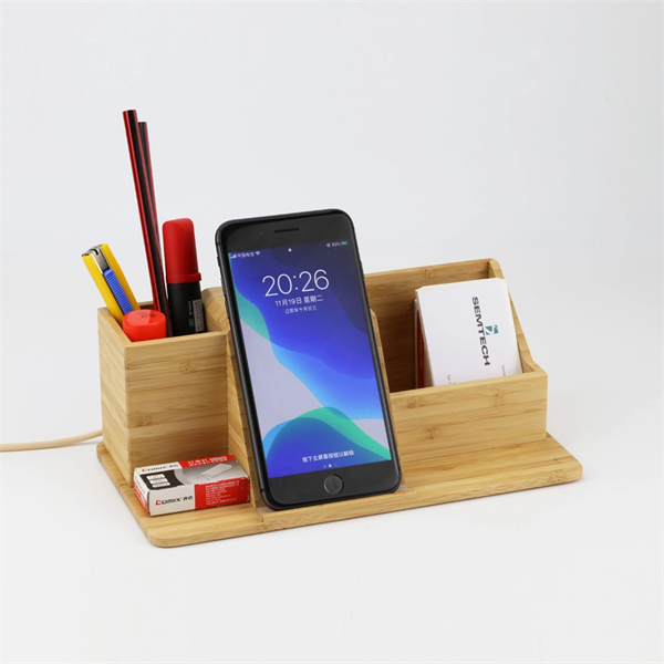 Bamboo Desk Organizer With Wireless Charger - Bamboo Desk Organizer With Wireless Charger - Image 0 of 7