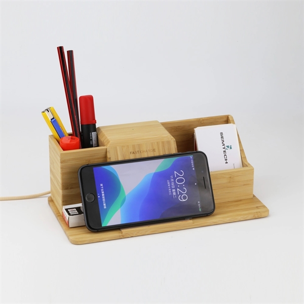 Bamboo Desk Organizer With Wireless Charger - Bamboo Desk Organizer With Wireless Charger - Image 1 of 7