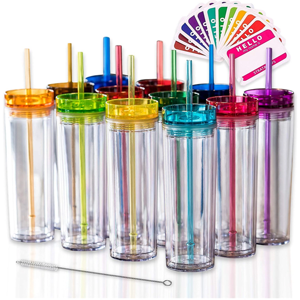 16Oz Double Wall Skinny Acrylic Tumblers With Lid And Straw - 16Oz Double Wall Skinny Acrylic Tumblers With Lid And Straw - Image 0 of 3