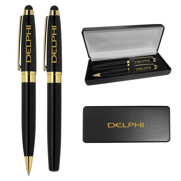Black Lacquer Roller Ball and Ballpoint Stylus Pen Box Set - Black Lacquer Roller Ball and Ballpoint Stylus Pen Box Set - Image 0 of 2