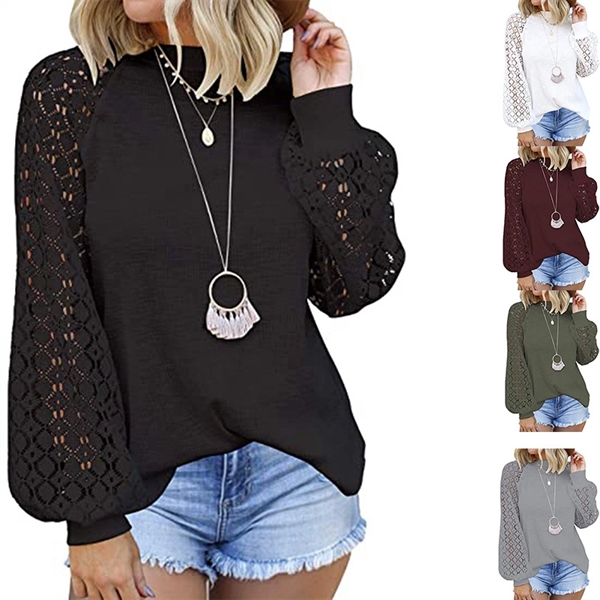 Women's Long Sleeve Tops Lace Casual Loose Blouses T Shirts - Women's Long Sleeve Tops Lace Casual Loose Blouses T Shirts - Image 0 of 10
