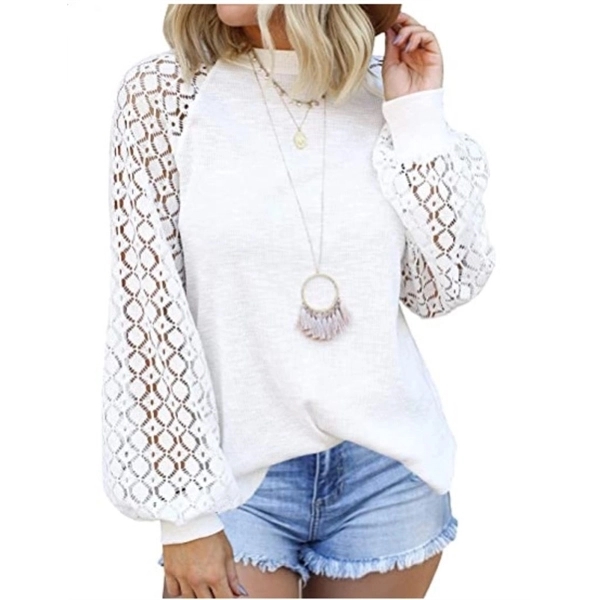 Women's Long Sleeve Tops Lace Casual Loose Blouses T Shirts - Women's Long Sleeve Tops Lace Casual Loose Blouses T Shirts - Image 3 of 10