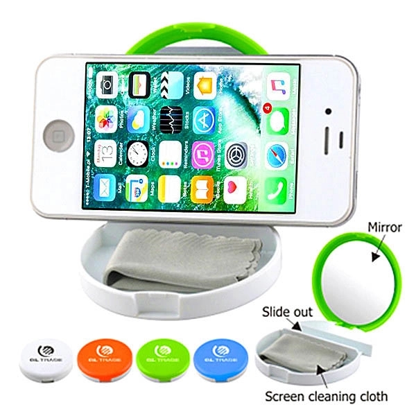 Plastic Round Phone Stand With Cleaner Cloth and Mirror - Plastic Round Phone Stand With Cleaner Cloth and Mirror - Image 0 of 1