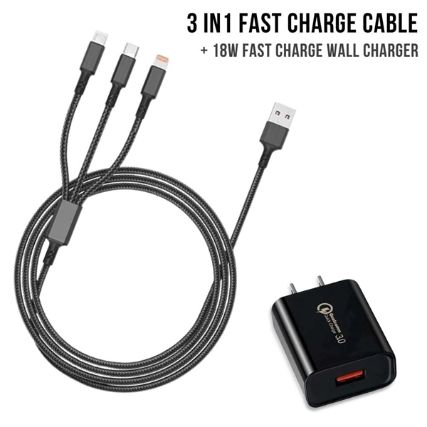 Wall Charger 18w + 3-1 FAST CHARGE CABLE KIT - Wall Charger 18w + 3-1 FAST CHARGE CABLE KIT - Image 0 of 5